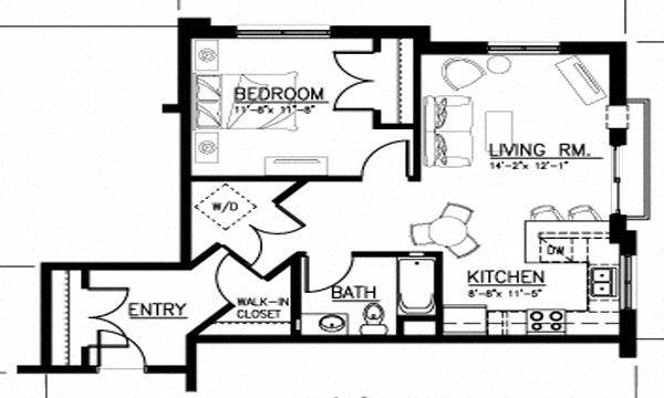 Floor plan for 1 bed, 1 bath, 785 sqft